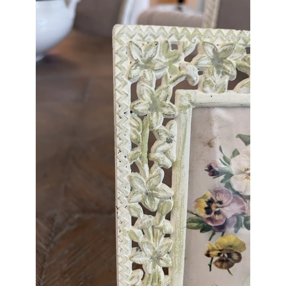 Vtg Victorian Valentine Card Framed in Metal Floral Easel Back Frame 5x7